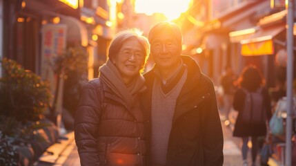 Fototapeta premium Asian retired couple traveling in a historic city at sunset