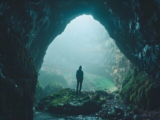 Fototapeta premium Solitary Explorer at the Entrance of a Mysterious Dark Cave Confronting Curiosity and Doubt