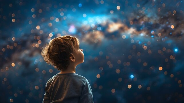 Child Gazing at Night Sky Filled with Awe and Doubt about the Vast Unknown