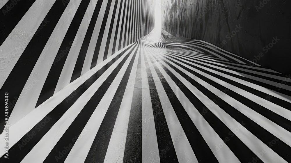 Poster the black and white striped tunnel mesmerizes with its dynamic patterns, creating a captivating opti