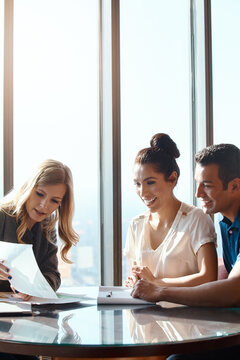 Discussion, couple and financial advisor with paperwork for consulting, insurance plan or investment in office. Meeting, help and woman broker with people for advice, loan application or information