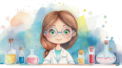 Smiling Young Scientist with Colorful Laboratory Beakers Illustration