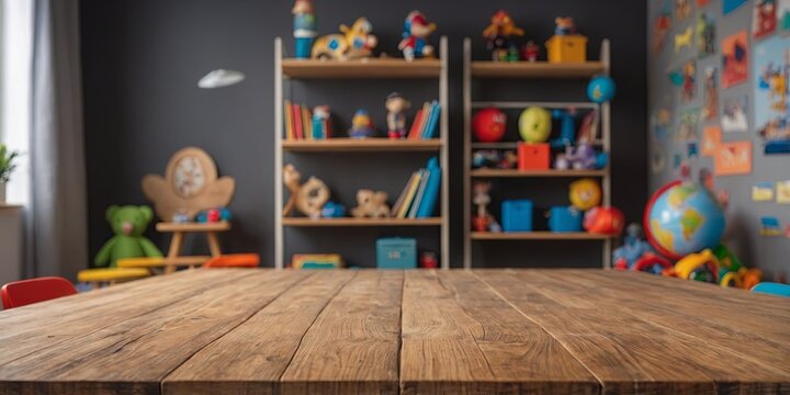Empty wooden table top and blurred kids room interior on the background Copy space for your object, product, toy presentation Display, promotion, advertising.