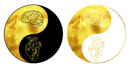 Yin Yang. Painting in gold on a black and white background. Heart. Brain. Extreme opposites. Stripe.