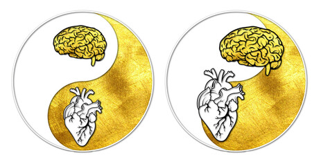 Yin Yang. Painting in gold on a black and white background. Heart. Brain. Extreme opposites. Stripe.