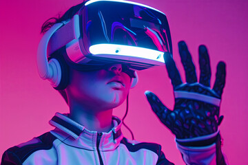 A boy wearing a VR headset and futuristic attire, complete with glowing gloves, is navigating cyberspace against a pink background