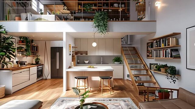 Interior of loft apartment livingroom, stairs, and kitchen