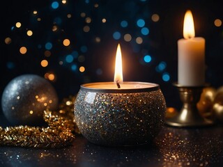 Happy New year theme with glitter and candle on dark room table.