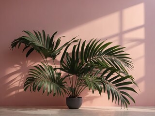Obraz premium Blurred shadow from palm leaves on the light pink wall Minimal abstract background for product presentation Spring and summer.
