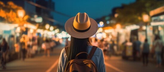 Woman in a Straw Hat Walking Through a Night Market