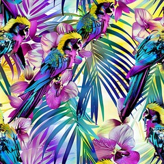 Cheerful Parrot and Whimsical Floral Seamless Background