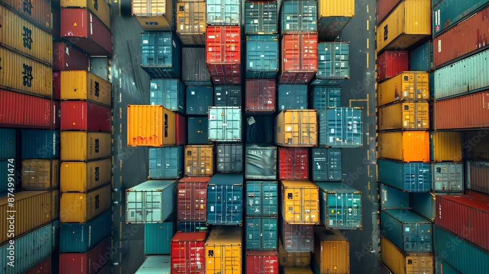 Poster aerial view of colorful shipping containers in a busy port