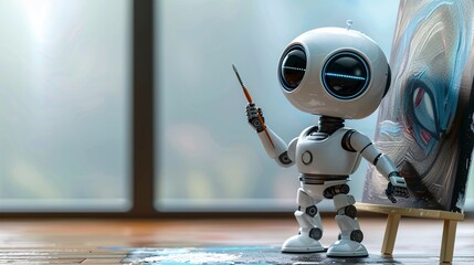 cute robot draws on canvas