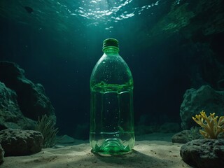 a green plastic bottle in a cave underwater.