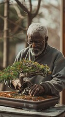 African American retired man tending to his bonsai trees in the morning