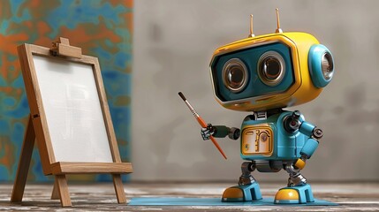 cute robot is painting on canvas