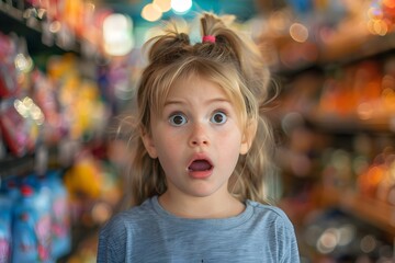 Fototapeta premium Surprised Child in a Colorful Candy Store