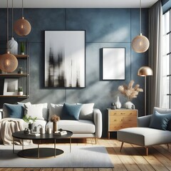 modern living room with sofa and frame on wall 
