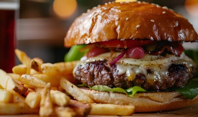 Hamburger with Meat, Cheese, and Vegetables, Served with Fries, Generative AI