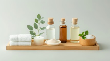 A variety of wellness products presented on a bamboo display stand