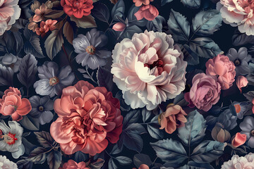 beautiful fantasy vintage wallpaper botanical flower bunch,vintage motif for floral print digital background.
