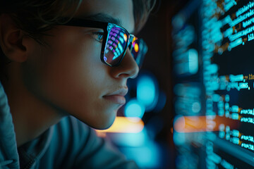A focused young developer is intently working on a computer, examining programming code and data, demonstrating the expertise of a professional programmer or hacker