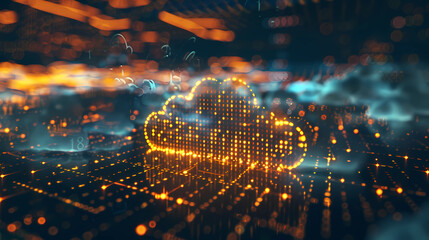 Digital informational technology web futuristic hologram with cloud icon, blue golden light digits and code background, cloud computing. Abstract Motion of digital data flow.