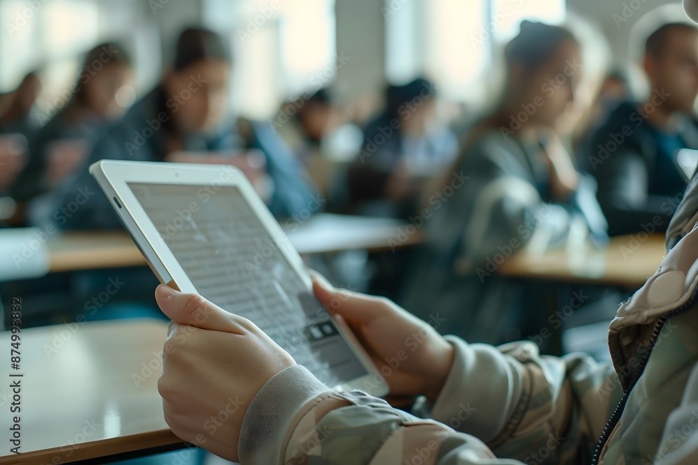 Poster Students Using Tablets for Learning in a Modern Classroom
