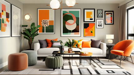 Modern living room with a vibrant gallery wall, comfortable furnishings, geometric decor, and subtle lighting.