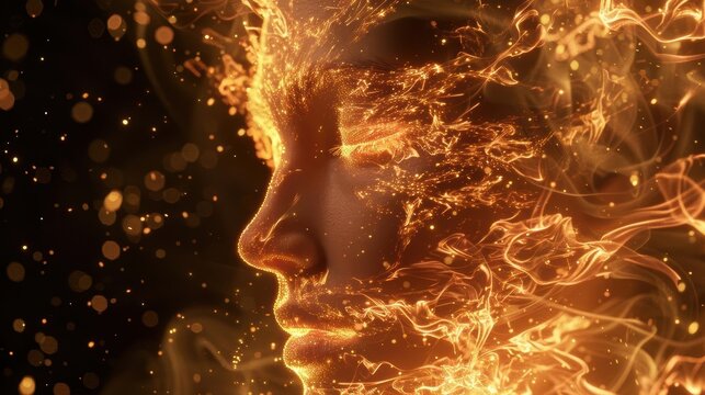 A surrealistic portrait of a figure engulfed in flames