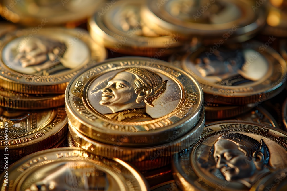 Poster close-up of stacked commemorative coins with intricate designs