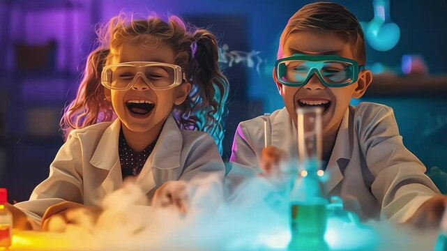 kids science testing in laboratory and surprise excite