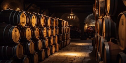 Rows of wooden barrels in a dimly lit wine cellar