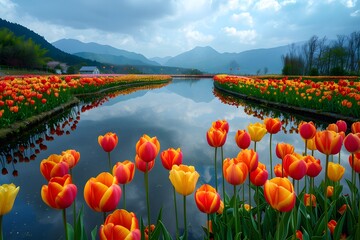 Vibrant Tulip Fields Reflecting in a Serene Waterway with Mountain Backdrop
