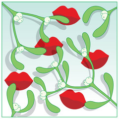 Loose sprigs of Festive Mistletoe with shadows and red lips on a cool background
