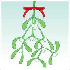 Hanging Festive Bouquet of Mistletoe with a Red Ribbon Bow on a cool background
