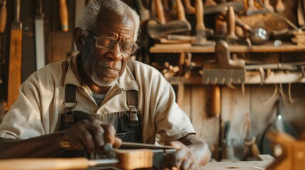 african american retired man working on a woodworking project in his garage