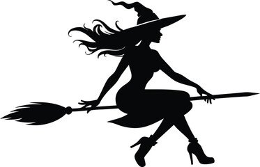Halloween witch broomstick Vector illustration, Silhouette of a witch flying broomstick isolated on white background.
