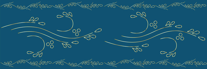 Vines and grape seamless border with  turquoise background and golden texture. Floral stylized border for wine bottle design, wine list, menu, label, package, etc. Vector illustration. Not AI created.