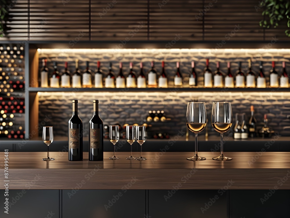 Poster sleek and elegant modern wine bar with curated wine collection and glassware display