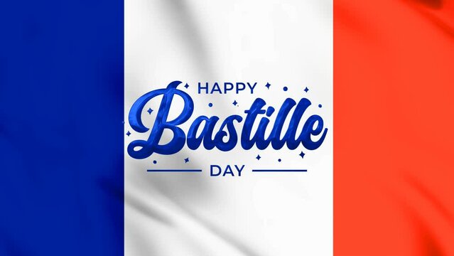Happy Bastille Day Text Animation written in Blue. suitable for Bastille Day celebrations and French patriotic designs.