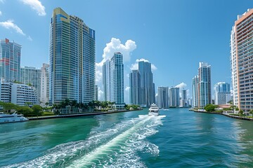 Obraz premium Scenic View of a Boat Cruising Through a Modern Cityscape