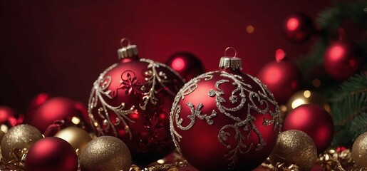 Fototapeta premium Red Christmas background with baubles and decorations.