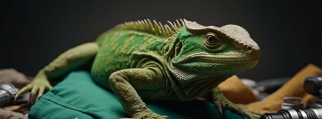 Fototapeta premium A green shirt with a lizard on it is on top of a pile of other items.