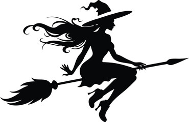 Halloween witch broomstick Vector illustration, Silhouette of a witch flying broomstick isolated on white background.
