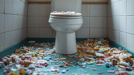 White toilet sits in small bathroom, surrounded by a mess of colorful broken pieces of various objects scattered across the tiled floor, creating a chaotic and untidy scene