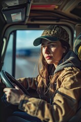 Obraz premium Truck Driver, A confident woman behind the wheel of a big rig, Highway transportation background, woman, diversity 
