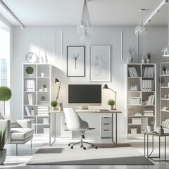 modern white office room interior with computer desk and beautiful decorations 