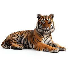 Obraz premium A tiger resting peacefully on a white background. 