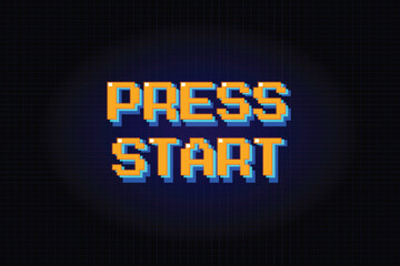 Press Start 3D game pixel. pixel art .8 bit game. retro game. for game assets .Retro Futurism Sci-Fi Background. 